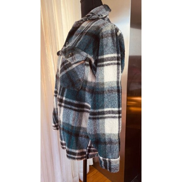 Vintage 60s Canadian Lumber Jack Wool Plaid Shirt, blue teal black & white, (S) - Picture 5 of 10